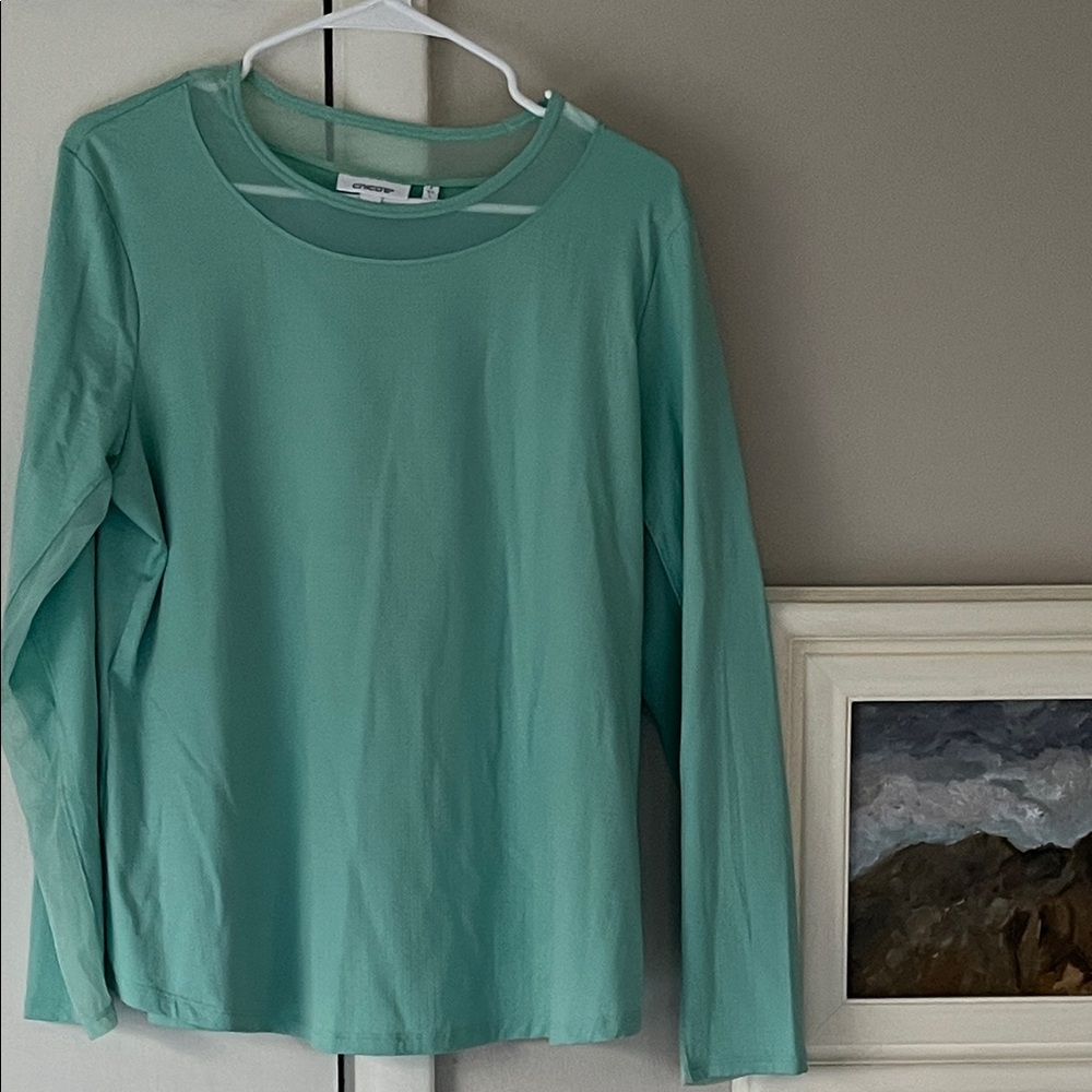 Chico's 2 L Light Turquoise Crewneck Top Sheer Inserts